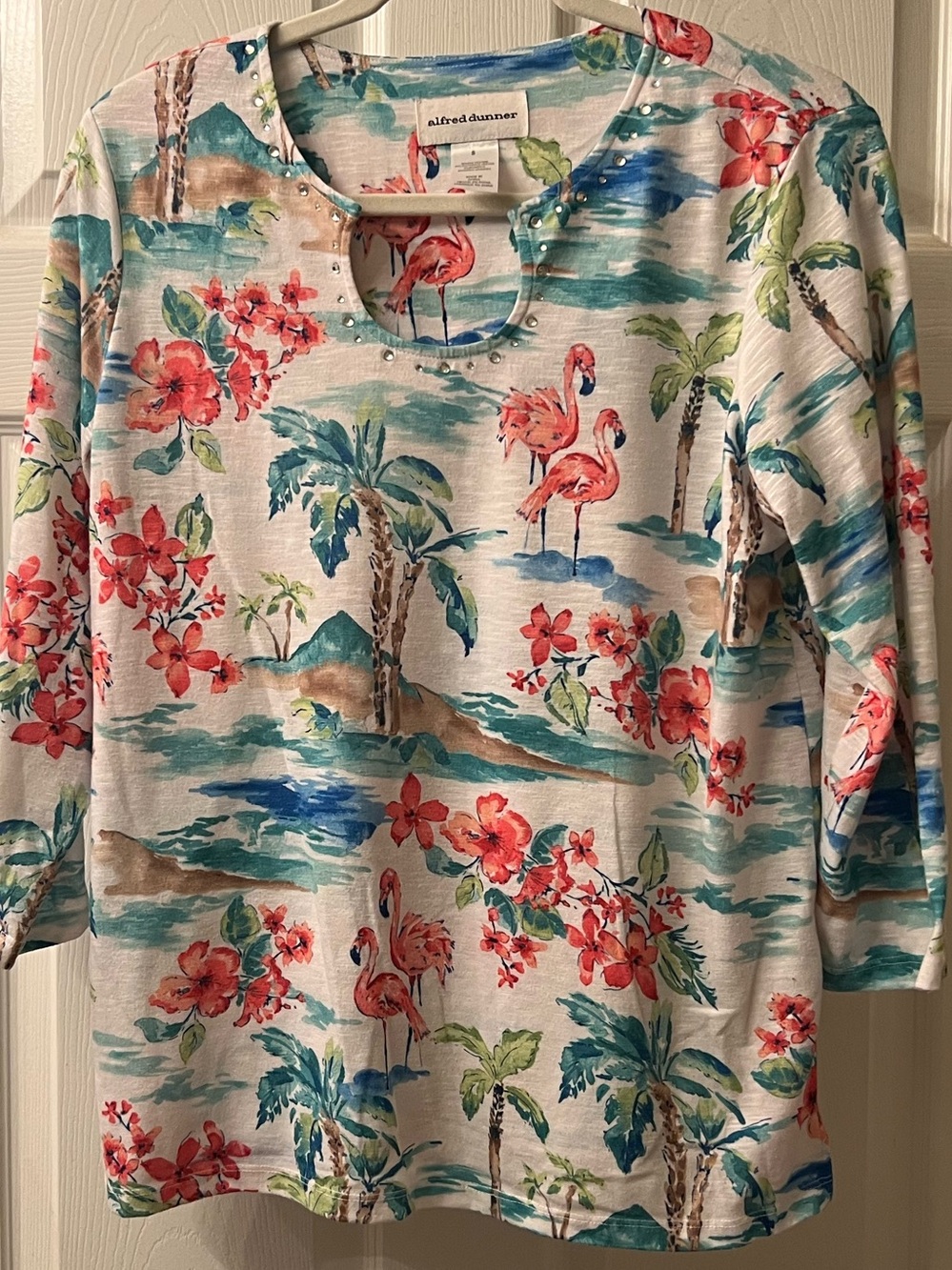 Alfred Dunner Flamingo Tropical Print Top 3/4 Sleeve Keyhole S